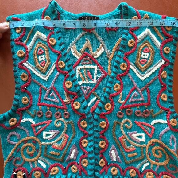 Vintage Knit Vest L Rafia Teal Geometric Beaded Fringe Boho 80s 90s Rare - Picture 2 of 7